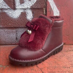 Burgundy Faux Fur Ankle Boots with Bow